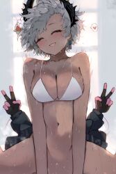 1girl :d ^_^ arknights bikini bikini_top_only black_feathers blush bottomless breasts closed_eyes dark-skinned_female dark_skin double_v extra_arms feather_hair feathers girl_on_top grey_hair happy_sex highres implied_sex kyuu_(plastic_night_q) medium_breasts motion_lines navel open_mouth out-of-frame_censoring raidian_(arknights) short_hair smile straddling swimsuit v white_bikini