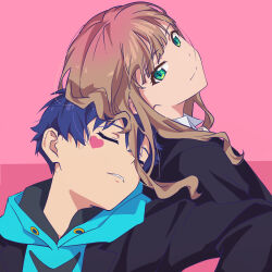 1boy 1girl asanaka_yomogi black_jacket blue_hoodie brown_hair closed_eyes collared_shirt couple green_eyes gridman_universe hair_between_eyes head_rest heart hetero highres hood hoodie jacket long_hair minami_yume oreki_(o_reki_) pink_background pink_heart shirt smile ssss.dynazenon two-tone_background white_shirt