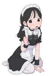 1girl apron black_bow black_bowtie black_choker black_dress black_eyes black_hair black_wrist_cuffs bow bowtie choker collared_dress commentary dress english_commentary fang frilled_apron frills full_body highres long_hair looking_at_viewer low_twintails maid maid_headdress mixed-language_commentary no_shoes open_mouth original pantyhose possummachine short_sleeves smile solo twintails white_apron white_background white_pantyhose wrist_cuffs