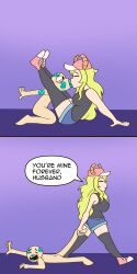 Rule 34 | 1boy, 1girl, absurdres, ankle grab, between thighs, black tank top, blonde hair, closed eyes, dragging, grabbing another&#039;s ankle, green lips, highres, kiss, kobayashi-san chi no maidragon, lipstick, lipstick mark, long hair, lucoa (maidragon), makeup, pink shoes, shippart, shoes, shorts, tank top