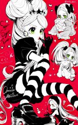 Rule 34 | 1girl, bow, chocolat meilleure, commentary request, copyright name, earrings, eyelashes, gloves, green eyes, hair bow, heart, highres, holding, holding pillow, hoop earrings, jewelry, multiple views, oniku 0831, pajamas, pillow, pointy ears, puffy short sleeves, puffy sleeves, short sleeves, simple background, solo, striped clothes, striped thighhighs, sugar sugar rune, sweatdrop, thighhighs, tiara, twintails, twitter username