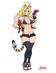 1girl abs ahoge animal_ear_fluff animal_ears artist_name belt_buckle belt_collar bikini bikini_under_clothes black_bikini black_collar black_gloves black_thighhighs blonde_hair blush breasts buckle cleavage collar collarbone controller cutoffs female_focus fingerless_gloves full_body game_controller gloves halterneck hand_on_own_hip highleg highleg_bikini highres holding holding_controller holding_game_controller indie_virtual_youtuber large_breasts linea_alba logo long_hair looking_at_viewer matching_hair/eyes multicolored_shoes muscular muscular_female navel nike_(company) open_pants pants red_vest shardanic shoelaces shoes short_shorts shorts simple_background smirk sneakers solo standing swimsuit tail tail_ornament tail_ring tala_tora thighhighs tiger_ears tiger_girl tiger_tail two-tone_shoes underboob unzipped vest virtual_youtuber watermark white_background yellow_eyes