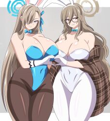 2girls absurdres abysswatchers akane_(blue_archive) akane_(bunny)_(blue_archive) animal_ears asuna_(blue_archive) asuna_(bunny)_(blue_archive) black_pantyhose blue_archive blue_bow blue_bowtie blue_eyes blue_ribbon blush bow bowtie breasts brown_eyes brown_hair brown_jacket cleavage collarbone detached_collar fake_animal_ears glasses gloves grey_background grin hair_over_one_eye hair_ribbon halo heart heart_hands heart_hands_duo highleg highleg_leotard highres jacket large_breasts leotard long_hair long_sleeves looking_at_viewer multiple_girls off-shoulder_jacket off_shoulder open_clothes open_jacket pantyhose plaid_clothes plaid_jacket playboy_bunny rabbit_ears ribbon smile standing teeth white_gloves white_leotard white_pantyhose wide_hips