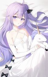 1girl absurdres ahoge azur_lane bare_shoulders bed_sheet black_bow black_ribbon bow breasts cleavage collarbone commentary detached_sleeves dress hair_ribbon highres holding holding_stuffed_toy long_hair long_sleeves looking_at_viewer lying one_side_up parted_lips purple_eyes purple_hair ribbon small_breasts solo stuffed_toy stuffed_unicorn unicorn_(azur_lane) usagi_(786113654) white_dress white_sleeves