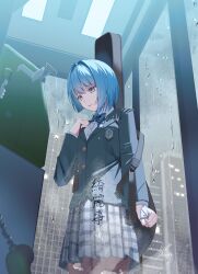 Rule 34 | 1girl, absurdres, blazer, blue bow, blue eyes, bow, building, collared shirt, commentary, crumpled paper, grey jacket, grey skirt, hair intakes, highres, holding, holding paper, hololive, hoshimachi suisei, jacket, kireigoto (hoshimachi suisei), looking down, maria onnette, paper, payphone, phone, plaid clothes, plaid skirt, sad, school uniform, shirt, short hair, skirt, solo, swept bangs, virtual youtuber, white shirt