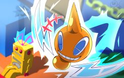 Rule 34 | +++, blue eyes, blue ribbon, blurry, blurry background, box, commentary request, gen 4 pokemon, gift, gift box, grin, nintendo, oooise, pokemon, pokemon (creature), ribbon, robot, rotom, rotom (normal), signature, smile, teeth