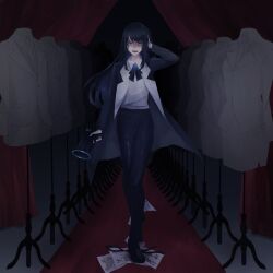 1girl ado_(utaite) arm_up black_footwear black_necktie blue_eyes blue_flower blue_hair blue_jacket blue_pants blue_rose blue_suit brooch chando_(ado) collared_shirt commentary_request curtains dark dark_blue_hair dress_shirt fangs flower flower_brooch formal_clothes full_body gloves hair_between_eyes hand_on_own_head highres holding holding_megaphone jacket lapels long_bangs long_hair looking_at_viewer mannequin megaphone mole mole_under_eye necktie notched_lapels official_art open_clothes open_jacket open_mouth orihara_(ewkkyorhr) pants paper perspective red_carpet rose shirt shirt_tucked_in side_slit skirt skirt_suit solo standing stepping straight-on suit suit_jacket swept_bangs tight_clothes tight_pants translation_request unworn_necktie vanishing_point white_gloves white_shirt