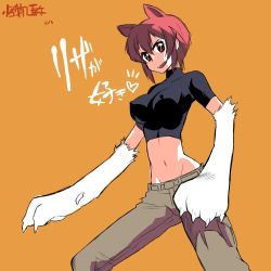 1girl animal_ears animal_hands breasts character_name covered_erect_nipples fang female_focus groin kaibutsu_oujo kikumaru_bunta midriff navel red_eyes red_hair riza_wildman short_hair skin_tight solo standing
