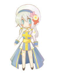1girl arch_bishop_(ragnarok_online) black_shoes blue_dress blue_eyes blush closed_mouth cross dress fishnet_thighhighs fishnets flower full_body grey_hair hat hat_flower juliet_sleeves long_hair long_sleeves looking_at_viewer lowres pink_flower puffy_sleeves ragnarok_online sash shoes simple_background smile solo standing tam_(ragnarok_online) thighhighs two-tone_dress white_background white_dress white_hat white_thighhighs yellow_sash yuetoko