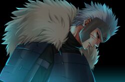 Rule 34 | 1boy, armor, black background, black sclera, black shirt, colored sclera, facial scar, fur collar, gradient background, highres, japanese armor, kemu (19002265km), male focus, naruto (series), parted lips, scar, scar on cheek, scar on face, senju tobirama, shirt, short hair, shoulder armor, sode, solo, spiked hair, thick neck