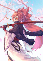 arm_ribbon baiken big_hair cherry_blossoms collared_shirt fingerless_gloves gloves guilty_gear hair_tie holding holding_sword holding_weapon jacket jacket_on_shoulders japanese_clothes kimono long_hair looking_to_the_side obi one_eye_closed online_neet open_clothes open_jacket over_shoulder petals pipe_in_mouth red-tinted_eyewear red_hair red_ribbon ribbon samurai sash scar scar_across_eye scar_on_face shirt smoking_pipe sword sword_over_shoulder tinted_eyewear torn_clothes torn_sleeves weapon weapon_over_shoulder white_kimono