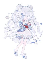 1girl :d blue_eyes double_bun dress eyepatch flower frills hair_bun hair_flower hair_ornament hairclip heart heterochromia highres holding long_sleeves memuro open_mouth original petals shoes smile twintails watermark white_background white_dress white_hair