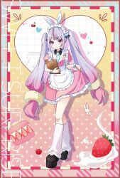 1girl animal_ears apron black_shoes blue_necktie blush character_name cherry closed_mouth fake_animal_ears food fruit full_body gradient_hair hair_ornament hana_s heart heart_hair_ornament holding looking_at_viewer loose_socks maid maid_headdress multicolored_hair necktie pink_hair pink_shirt purple_eyes purple_hair rabbit_ears shirt shoes short_sleeves socks solo strawberry streaked_hair thick_eyebrows tosaki_mimi twintails twitter_username two-tone_hair virtual_youtuber vspo! waist_apron white_socks