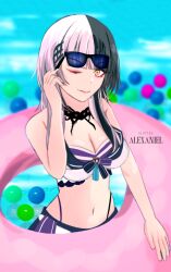 Rule 34 | 1girl, alexaniel, artist name, bikini, black choker, black hair, breasts, choker, cleavage, grey hair, hololive, hololive english, hololive summer 2023 swimsuit, large breasts, looking at viewer, multicolored hair, navel, one eye closed, pink innertube, shiori novella, solo, split-color hair, sunglasses, swimsuit, two-tone hair, virtual youtuber, white bikini, yellow eyes