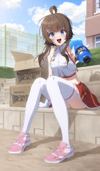 1girl absurdres ahoge armpits bare_shoulders blue_eyes bottle box breasts brown_hair cardboard_box cheerleader counter:side crop_top crop_top_overhang day frilled_skirt frills gloves hair_ornament hairclip highres holding holding_bottle long_hair looking_at_viewer manda_(luts7602) midriff miniskirt official_alternate_costume open_mouth outdoors outstretched_arm panties panty_peek pink_shoes red_skirt shirt shoes sitting skirt sleeveless sleeveless_shirt small_breasts smile sneakers solo sports_drink sunlight thighhighs thighs underwear white_gloves white_panties white_shirt white_thighhighs yang_harim