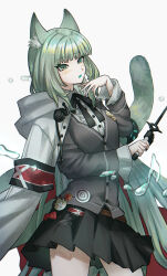 1girl absurdres animal_ear_fluff animal_ears arknights auy0_(nemuru) black_skirt buttons cardigan coat coat_on_shoulders colored_mouth commentary cowboy_shot eighth_note green_eyes green_hair green_tail grey_background grey_cardigan grey_coat hand_up harmonie_(arknights) highres holding hood hood_down hooded_coat hydrokinesis infection_monitor_(arknights) long_hair long_sleeves musical_note open_mouth red_coat simple_background skirt solo standing tail tail_raised two-sided_coat two-sided_fabric very_long_hair water