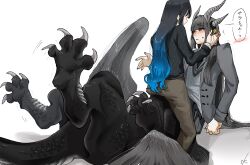 2girls absurdres black_hair blue_hair blush centauroid ckillust commentary_request dragon_girl dragon_horns grey_hair grey_jacket grey_skirt grey_sweater highres horns jacket long_hair looking_at_another monster_girl multiple_girls original school_uniform simple_background sitting sitting_on_person skirt sweater taur translation_request very_long_hair white_background yuri