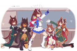 5girls :d ^_^ animal_ears arm_up ascot asymmetrical_jacket black_gloves black_hair blue_eyes boots breasts brown_hair buttons cape chalkboard classroom closed_eyes commentary_request dark-skinned_female dark_skin den_den_tumuri double-breasted ear_ornament epaulettes fringe_trim full_body gloves green_jacket green_pants green_shorts green_skirt hare_hare_yukai high_heels horse_ears horse_girl horse_tail index_finger_raised jacket kneeling long_hair medium_breasts medium_hair multicolored_hair multiple_girls on_one_knee open_mouth outstretched_arms pants parody pink_ascot pleated_skirt ponytail pose_imitation purple_eyes red_cape red_eyes shorts single_epaulette sirius_symboli_(umamusume) skirt small_breasts smile standing streaked_hair suzumiya_haruhi_no_yuuutsu symboli_kris_s_(umamusume) symboli_rudolf_(umamusume) tail tokai_teio_(umamusume) tsurumaru_tsuyoshi_(umamusume) umamusume white_gloves white_hair