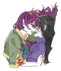Rule 34 | 2girls, black gloves, black hair, blush, breasts, commentary request, cone horns, dress, gloves, green shirt, horn ornament, horn ribbon, horns, long hair, multiple girls, nippaku zanmu, open mouth, purple dress, re ghotion, red eyes, ribbon, shirt, simple background, smile, touhou, white background, yellow horns, yomotsu hisami, yukadon, yuri