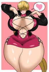 Rule 34 | 1girl, blonde hair, breasts, cleavage, cleavage cutout, clothing cutout, curvy, dress, female focus, fishnets, fluffy, heart, highres, huge breasts, jacket, large breasts, long hair, no bra, pale skin, ponytail, shermie (kof), shingattai, shiny clothes, shiny skin, skirt, standing, the king of fighters, thick lips, thick thighs, thighs, tight clothes, twintails, wide hips