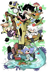 4girls backpack bag barefoot bird black_hair black_skirt black_wings blue_footwear blue_shirt blue_skirt board_game brown_hair camera cellphone chalkboard checkered_clothes checkered_skirt chibi clenched_teeth clock commentary_request crane_(machine) crow crying crying_with_eyes_open cucumber cushion detached_wings egg electrical_outlet electrical_outlet fang fang_out feathered_wings flip_phone full_body gears gourd green_bag green_headwear hair_bobbles hair_ornament hand_on_own_head hat highres himekaidou_hatate holding holding_phone holding_smoking_pipe in_tree inkwell inubashiri_momiji kappa kawashiro_nitori key kuchibashi_(9180) lamp long_sleeves mechanical_arms multiple_girls nest newspaper open_mouth partial_commentary phone photo_(object) pointy_ears pom_pom_(clothes) purple_skirt quill radiation_symbol red_eyes red_headwear river rolled_up_newspaper ruler shameimaru_aya shirt shogi short_hair short_sleeves single_mechanical_arm sitting skirt smile smoking smoking_pipe sweat nervous_sweating tears teeth thick_eyebrows tokin_hat tomato touhou tree twintails two_side_up unmoving_pattern wavy_mouth white_background white_hair white_shirt wide_sleeves wings wrench writing zabuton