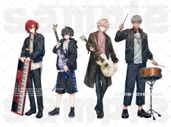 4boys :d acoustic_guitar alternate_costume arurandeisu belt black_hair black_jacket black_nails black_pants black_shoes black_shorts blue_belt brown_coat chain chain_necklace closed_mouth coat collared_shirt copyright_notice crew_neck drum drumsticks ear_piercing earrings flower food-themed_necklace full_body glasses green_eyes grey_hair grin guitar hair_between_eyes hair_flower hair_ornament hair_ribbon hairclip half_updo hanasaki_miyabi handprint headphones headphones_around_neck highres holding holding_drumsticks holding_guitar holding_instrument holostars hood hood_down hooded_jacket instrument jacket jewelry kanade_izuru keyboard_(instrument) lightning_bolt lightning_bolt_hair_ornament lightning_bolt_symbol lineup long_sleeves looking_at_viewer male_focus multiple_boys naruta_iyo necklace official_art open_clothes open_coat open_collar open_jacket open_mouth oxfords pants pendant piercing pink_hair pink_shirt plaid_clothes plaid_coat purple_eyes red-framed_eyewear red_hair ribbon rikka_(holostars) sample_watermark shirt shoes short_hair shorts single_earring sleeves_past_wrists smile sneakers standing t-shirt undercut untucked_shirt virtual_youtuber watermark watermark_grid white_background white_shirt yellow_eyes yellow_ribbon