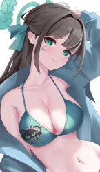1girl absurdres airi_(blue_archive) alternate_costume aqua_coat armpit_crease armpits bikini blue_archive blush breasts brown_hair cleavage coat collarbone green_eyes hair_intakes hair_ribbon halo head_tilt highres light_smile logo looking_at_viewer medium_breasts naval_cat_holiday navel print_bikini revision ribbon simple_background solo stomach swimsuit upper_body white_background