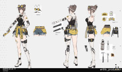 Rule 34 | 1girl, absurdres, adjustable wrench, ankle boots, aqua eyes, black shirt, blue shorts, boots, bottle, breasts, bridget (pgr), brown hair, cased tape measure, claw hammer, clothes around waist, denim, denim shorts, full body, goggles, goggles on head, hair bun, hammer, hand on own hip, high heels, highres, holding, holding wrench, lace-up boots, looking at viewer, mechanical arms, mechanical legs, multiple views, official art, pliers, punishing: gray raven, reference sheet, shirt, short hair, short shorts, shorts, single mechanical leg, sleeveless, sleeveless shirt, smile, sticker on leg, tk production, tool kit, torn clothes, torn shorts, turnaround, watermark, weibo watermark, white background, white footwear, wrench