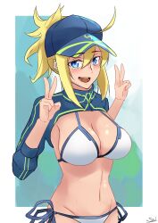1girl absurdres ahoge artoria_pendragon_(fate) baseball_cap bikini blonde_hair blue_eyes blue_hat blue_shrug blush breasts cleavage fate/grand_order fate_(series) hat highres large_breasts long_hair long_sleeves looking_at_viewer mysterious_heroine_xx_(fate) navel open_mouth ponytail s4ika shrug_(clothing) sidelocks smile solo swimsuit white_bikini