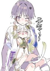 1boy 1girl anger_vein animal_ears anklet annoyed armlet armpits arms_at_sides arms_up blue_cape blue_sleeves blush bracelet bridal_gauntlets bright_pupils cape cat_ears cat_girl cat_tail cheek_squash clenched_hands closed_eyes closed_mouth detached_sleeves dress eyelashes eyeliner eyeshadow fang fingernails genshin_impact gold gold_trim green_hair green_sleeves highres hirarinoie japanese_clothes jewelry kimono knees_together_feet_apart layered_sleeves leg_warmers long_hair looking_at_viewer makeup multicolored_hair nahida_(genshin_impact) open_mouth pointy_ears purple_bridal_gauntlets purple_eyes purple_hair purple_sash purple_shorts purple_socks red_eyeliner red_eyeshadow sash scaramouche_(genshin_impact) short_sleeves shorts side_ponytail sidelocks sitting sitting_on_lap sitting_on_person sketch skin_fang socks streaked_hair sweat tail toeless_footwear translation_request wanderer_(genshin_impact) white_background white_dress white_footwear white_hair white_kimono white_leg_warmers white_pupils white_sleeves