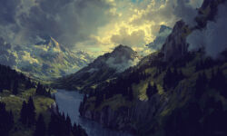 absurdres cloud cloudy_sky commentary day english_commentary forest highres landscape mountain nature no_humans original outdoors philipp_urlich river scenery sky