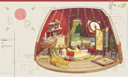 absurdres baiyinan basket bed bedroom blanket book box brick_wall candle chair chest_of_drawers concept_art crazy_straw cup cushion desk diorama drink drinking_straw flask floorplan floral_print flower folding_screen gem grid_background highres indoors inkwell jar key layout_plan leaf map nib_pen_(object) no_humans open_box original paper paperclip pen pillow plant potted_plant round-bottom_flask rug scenery shelf shoes still_life suitcase trap_door treasure_chest window wooden_chair wooden_floor