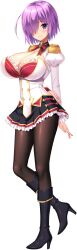 Rule 34 | absurdres, ahoge, arm behind back, black skirt, blush, breasts, cleavage, closed mouth, derauea, full body, game cg, hair over one eye, high heels, highres, huge breasts, juliet sleeves, long sleeves, looking at viewer, medium hair, milk factory, motto! haramase! honoo no oppai isekai ero mahou gakuen!, non-web source, official art, pantyhose, phee kissthermite, puffy sleeves, purple eyes, purple hair, school uniform, shirt, skirt, smile, sprite art, tachi-e, transparent background, white shirt