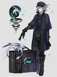 1boy absurdres aqua_ribbon belt bite_addict black_boots black_capelet black_coat black_gloves boots capelet closed_mouth coat dragon fantasy feathers floating floating_object gloves grey_background grey_eyes grey_hair grey_hat hat hat_feather highres male_focus mechanical_arms open_clothes open_coat orb original patterned plaid pointy_ears ribbon science_fiction simple_background single_mechanical_arm smile solo sparkle standing suitcase tassel timer