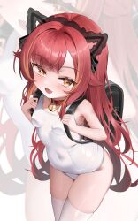 1girl :3 :d absurdres animal_ears backpack bag bell black_bag blush breasts cat_ears commentary_request covered_navel fake_animal_ears fang hair_intakes highres j.j_(66752902) jingle_bell long_hair looking_at_viewer multicolored_hair nekota_tsuna old_school_swimsuit one-piece_swimsuit open_mouth orange_eyes orange_hair paw_in_eye randoseru red_hair school_swimsuit sidelocks skin_fang small_breasts smile solo streaked_hair swimsuit thighhighs thighs virtual_youtuber vspo! white_one-piece_swimsuit white_thighhighs zoom_layer