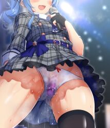 Rule 34 | 1girl, black gloves, black thighhighs, blue hair, blush, dildo, dildo under clothes, dildo under panties, discreet vibrator, dress, from below, gloves, head out of frame, highres, holding, holding microphone, hololive, hoshimachi suisei, hoshimachi suisei (1st costume), microphone, open mouth, panties, partially fingerless gloves, pussy juice, sakanaya (sakanaya952), sex toy, smile, solo, sweat, textless version, thighhighs, underwear, vibrator, vibrator under clothes, vibrator under panties, virtual youtuber, white panties