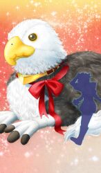 astolfo_(fate) chocolate_lady_no_karasawagi commentary fate/grand_order fate_(series) hippogriff_(fate) lasengle no_humans object_focus official_art orange_background oversized_object red_ribbon ribbon silhouette sparkle stuffed_animal stuffed_toy third-party_source