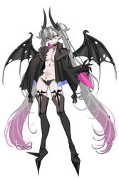 1girl angellyuna black_hands black_jacket black_panties boots breasts colored_extremities demon_wings fate/grand_order fate_(series) full_body green_eyes high_heels highres horns jacket lilith_(fate) lilith_(second_ascension)_(fate) long_hair looking_at_viewer navel panties pointy_ears pubic_tattoo smile solo tattoo thigh_boots twintails underwear white_background wings