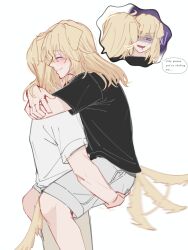 2girls amakuma animal_ears bang_dream! bang_dream!_it&#039;s_mygo!!!!! black_shirt blonde_hair blush carrying carrying_person commentary dog_ears dog_girl dog_tail english_text fang grey_shorts half-siblings hashtag-only_commentary highres hug kemonomimi_mode long_sleeves medium_hair misumi_uika misumi_uika&#039;s_sister multiple_girls shirt short_sleeves shorts siblings simple_background sisters spoilers sweatdrop tail tail_wagging white_background white_shirt