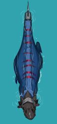 absurdres artist_name blue_background blue_scales digimon digimon_(creature) from_above full_body greymon_(xros_wars) helmet highres horns partially_submerged pirruwan simple_background solo spiked_tail tail water yellow_eyes