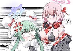 2girls ? absurdres anger_vein animal_hood bear_hood bikini black_bikini blue_archive blue_halo breast_zipper breasts coat eimi_(blue_archive) fujiwara_tatsuroo fur-trimmed_hood fur_trim green_hair halo headphones headphones_around_neck highres hood hood_up hooded_coat large_breasts long_hair momiji_(blue_archive) multiple_girls pink_hair pink_halo speech_bubble spoken_question_mark swimsuit twintails very_long_hair white_coat zipper_bikini