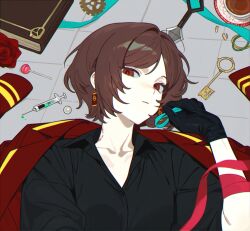 Rule 34 | bite mark, black gloves, black shirt, bob cut, book, bracelet, brown hair, candy, coat, coat on shoulders, collarbone, cup, dagger, earrings, expressionless, flower, food, gears, gem, gloves, hair tie, highres, holding, holding hair tie, jewelry, key, knife, limbus company, lollipop, looking at viewer, lying, moony (past desiderium), oc x canon, on back, on floor, pale skin, past desiderium, pearl (gemstone), project moon, rectangular earrings, red flower, red rose, ribbon, rose, shirt, teacup, weapon