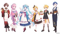 Rule 34 | 2boys, 4girls, ;d, apron, aqua hair, black vest, blonde hair, blue eyes, blue hair, brown eyes, brown hair, brown shoes, brown socks, colored inner hair, commentary request, copyright notice, dress, floral print, floral print kimono, frilled dress, frills, full body, goshi-san, hair between eyes, hatsune miku, holding, holding tray, japanese clothes, kagamine len, kagamine rin, kaito (vocaloid), kimono, long hair, maid, maid headdress, megurine luka, meiko (vocaloid), melon soda, multicolored hair, multiple boys, multiple girls, official art, one eye closed, open mouth, pink hair, pink kimono, ponytail, print kimono, red kimono, shirt, shoes, short hair, short ponytail, smile, socks, tray, twintails, two-tone hair, very long hair, vest, vocaloid, wa maid, white apron, white background, white shirt, white socks, wide sleeves
