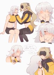 2girls bare_arms bibivanna black_hoodie black_pants black_shorts blindfold blonde_hair blush commentary english_commentary english_text finger_to_another&#039;s_mouth grey_hair hand_on_another&#039;s_neck highres hood hoodie long_hair mask multiple_girls pants ponytail red_eyes shorts simple_background soldier_11_(zenless_zone_zero) speech_bubble sweatdrop thought_bubble trigger_(zenless_zone_zero) two-tone_hoodie white_background yellow_hoodie yuri zenless_zone_zero