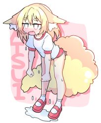 1girl animal_ear_fluff animal_ears blonde_hair blush buruma fox_ears fox_girl fox_tail full_body gym_uniform hair_between_eyes highres komataso9 long_hair looking_at_viewer open_mouth original red_buruma shirt shoes short_sleeves simple_background socks solo standing tail white_shirt