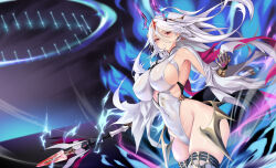 1girl blue_fire blurry blurry_background breasts bright_pupils covered_navel earrings epic_seven fire grey_hair hair_between_eyes highleg highleg_leotard highres holding holding_staff horns jewelry large_breasts leotard linea_alba long_hair luna_(epic_seven) mad_kimo new_moon_luna red_eyes sideboob solo staff white_pupils