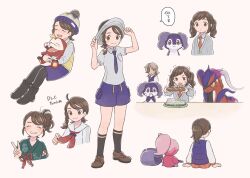 1boy 1girl :d adjusting_clothes adjusting_headwear arven_(pokemon) beanie blush boots botamanbo braid bread breast_pocket brown_footwear brown_hair closed_eyes collared_shirt commentary_request eyelashes food fuecoco gen_8_pokemon hand_up hat highres holding holding_food holding_pokemon indeedee juliana_(pokemon) koraidon looking_down necktie nintendo open_mouth pantyhose pocket pokemon pokemon_(creature) pokemon_sv purple_necktie purple_shorts shirt shoes shorts smile socks tinkatuff v vest yellow_vest