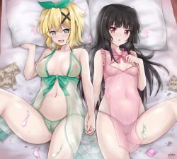 2girls akatsuki_kirika bed black_hair blonde_hair blunt_bangs blush breasts condom green_eyes green_panties hair_ornament heavy_breathing implied_after_sex lingerie long_hair lying medium_breasts money multiple_girls navel nipples on_back panties pink_eyes prostitution pubic_hair pussy_juice r-binon see-through_clothes senki_zesshou_symphogear shiny_skin short_hair sweat tsukuyomi_shirabe underwear used_condom x_hair_ornament