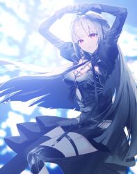 Rule 34 | 1girl, black dress, black gloves, black sleeves, black thighhighs, blurry, blurry background, breasts, detached sleeves, dress, gloves, grey hair, hashtag-only commentary, highres, la priere, long hair, medium breasts, mochiro chio, nakuru (sv), red eyes, single thighhigh, solo, synthesizer v, thigh strap, thighhighs