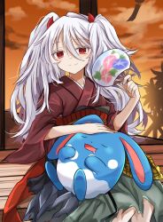 1girl 1other azumarill closed_mouth crossover duel_monster gen_2_pokemon ghost_ogre_&amp;_snow_rabbit hand_fan hand_on_another&#039;s_head highres holding holding_fan japanese_clothes long_hair long_sleeves looking_at_viewer nintendo pokemon pokemon_(creature) red_eyes sitting sleeping smile twintails ukyou_kuro white_hair wide_sleeves yu-gi-oh!
